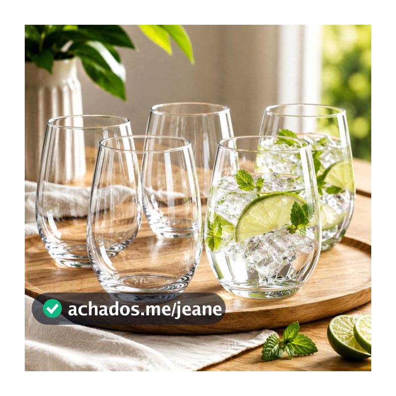 Jogo 6 Copos 440ml Luxo Mesa Água Vinho Suco Vidro Resistente Cristal Moderno Festa Refinado Pasabahce
