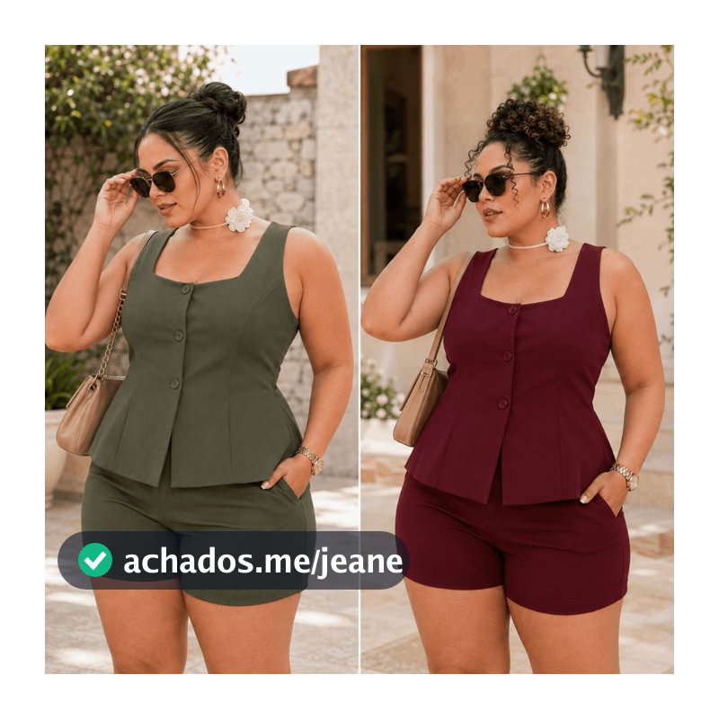 Conjunto Alfaiataria Feminino Elegante Plus Size e Slim Colete com Botões Shorts Moda Casual Social Verão Confortável
