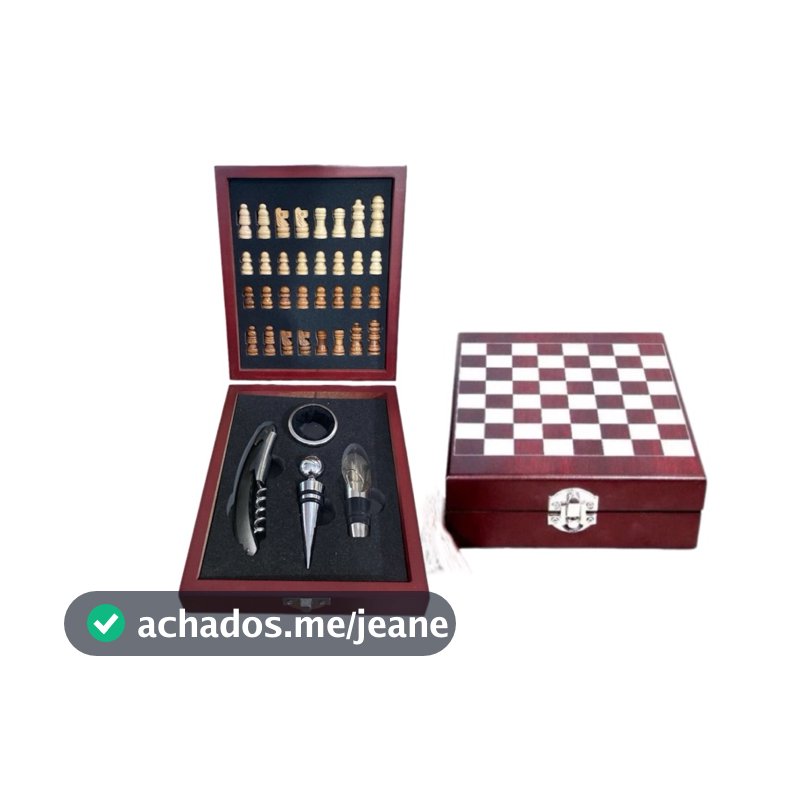 Kit Abridor De Vinho 4 Peças E Jogo Xadrez De Madeira