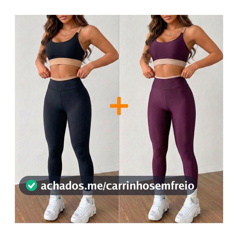 Kit 2 Conjunto Feminino Fitness Academia Calça e Top Cintura Alta Modelagem Premium Confortável Bicolor