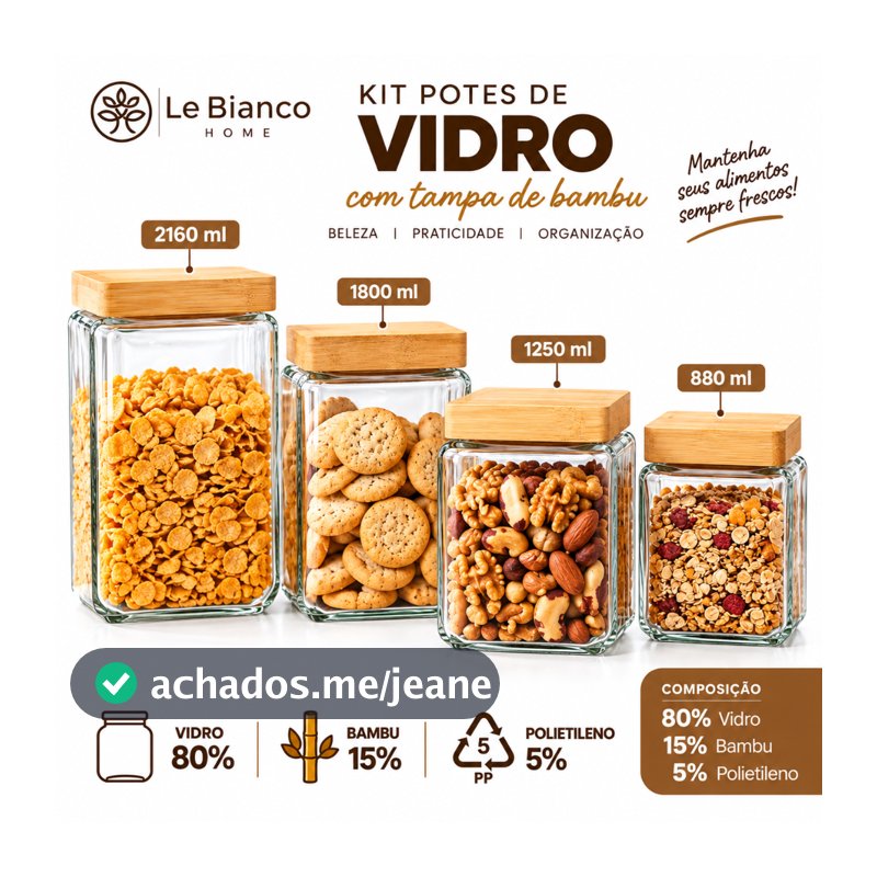 Kit 4 Potes de Vidro com Tampa de Bambu Hermética – 2160ml, 1800ml, 1250ml e 880ml