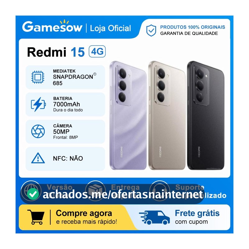 Xiaomi Redmi 15 4G, Processador Snapdragon® 685, Câmera 50MP, Bateria 7000mAh, Versão Global