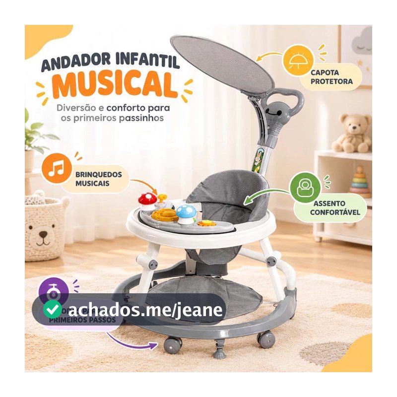 Andador Bebê Musical com Capota e Altura Ajustável - Unissex, Seguro e Confortável！