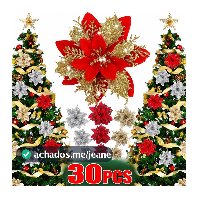 Kit 30 Pçs Flores de Natal Artificiais com Glitter 14cm, Enfeites para Árvore de Natal, Ornamentos Decorativos