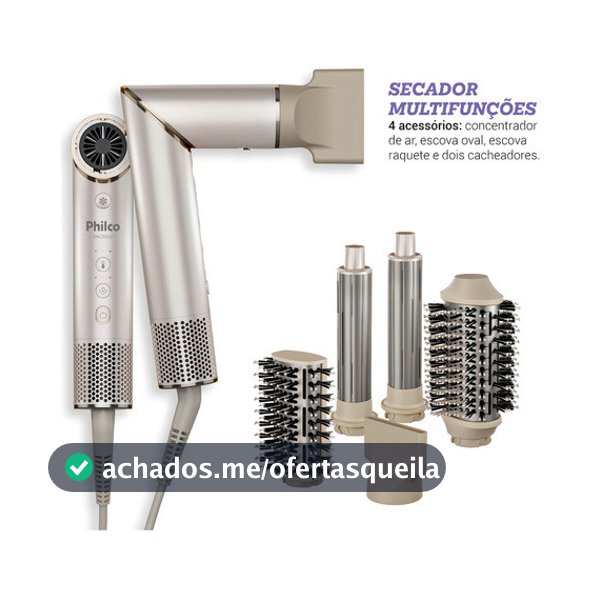 Secador de Cabelo Philco PSC3500 4 em 1 Dobrável Portátil com Escovas e Cacheadores para Viagem