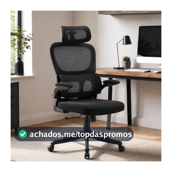 Cadeira Escritório Ergonômica Giratória Preta Tela Mesh com Suporte Lombar e Apoio de Cabeça