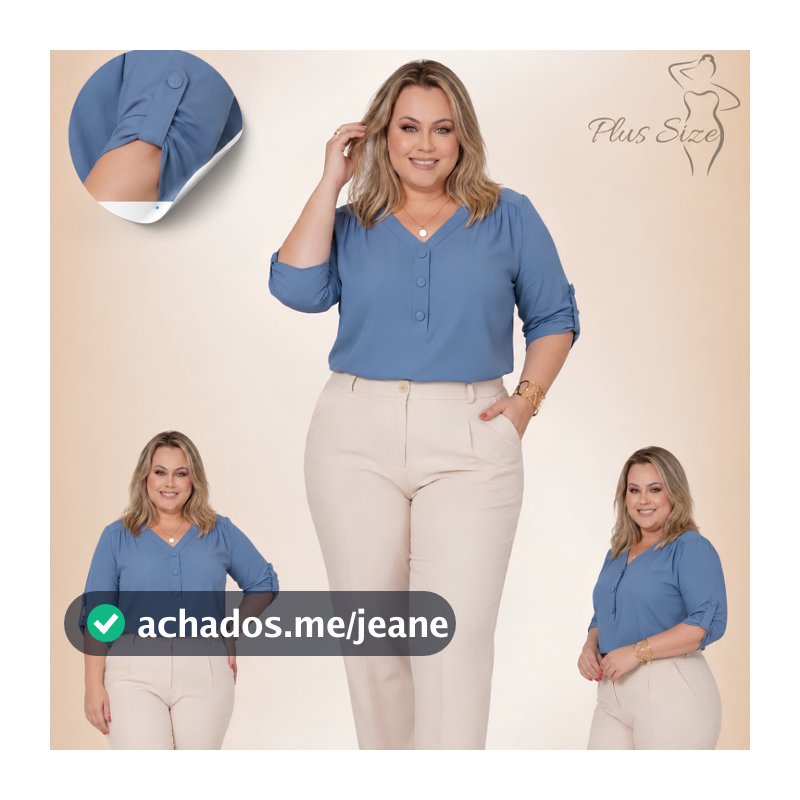 Camisa Social Feminina Plus Size de Viscolinho com Manga 3/4 e Gola V Curve Estampada Ou Lisa