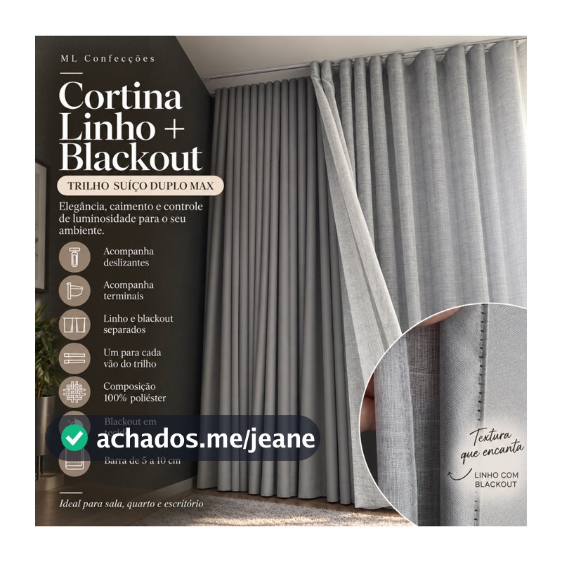 Cortina Voil Linho Forro Blackout Largura 5,00 Metros Trilho Suiço Duplo