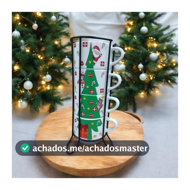 Jogo De 4 Xicaras 210ml Café Chá Porcelana Arvore de Natal Com Suporte de Metal