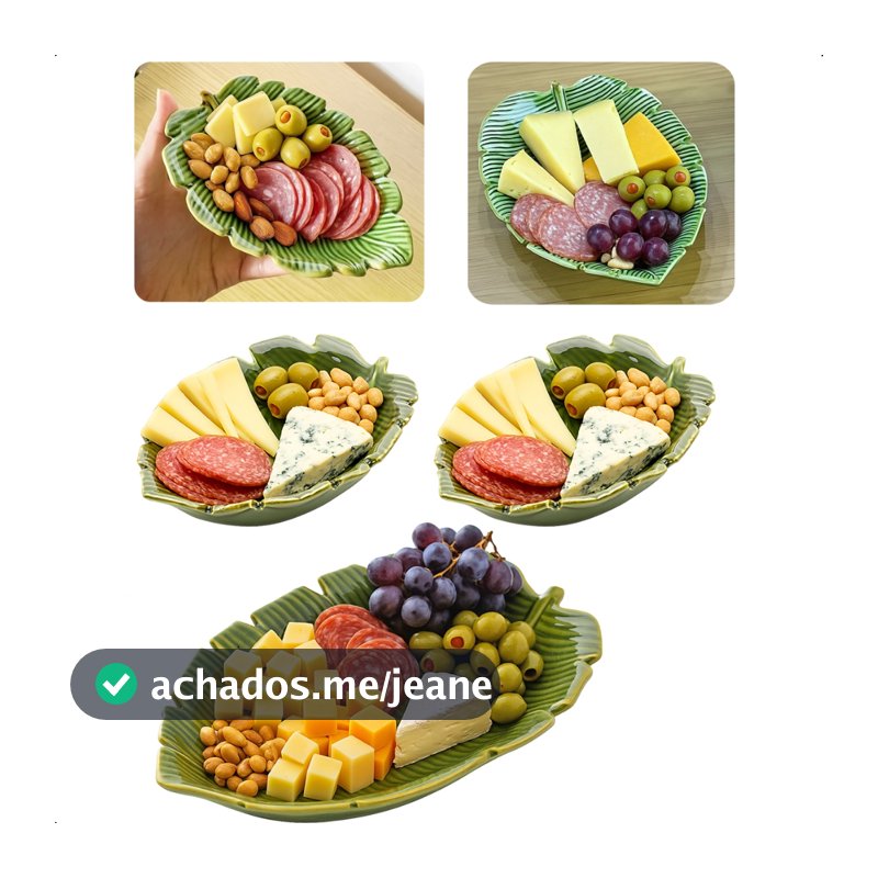 Jogo 3 Folhas Decorativas Cerâmica Banana Leaf Petisqueira 16cm + 23cm Verde Lyor