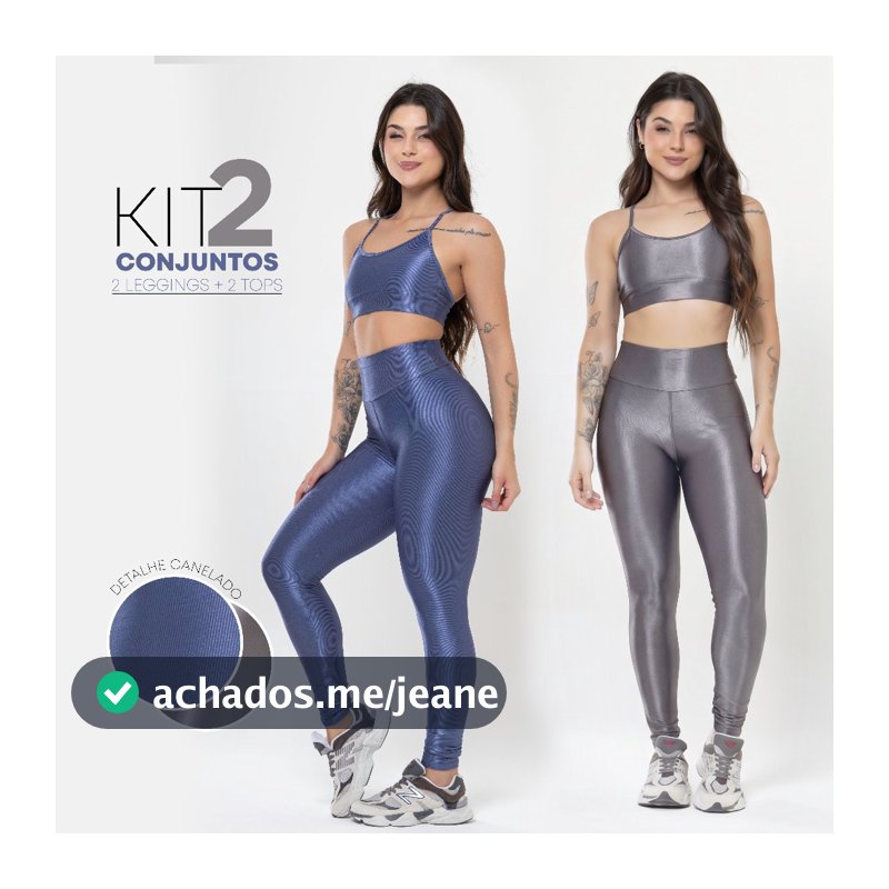 Kit 2 Conjuntos Fitness Feminino Trilobal Brilhoso Canelado–Top + Legging Cós Alto Modelador Premium