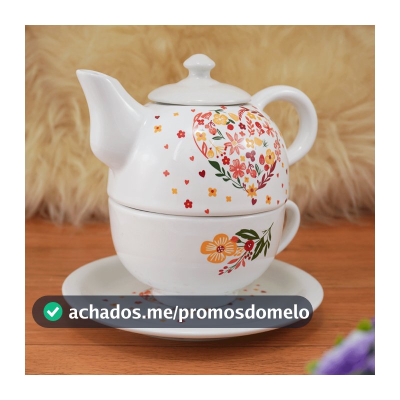 Kit Chá Café Bule com tampa e Pires em Porcelana Coração Floral