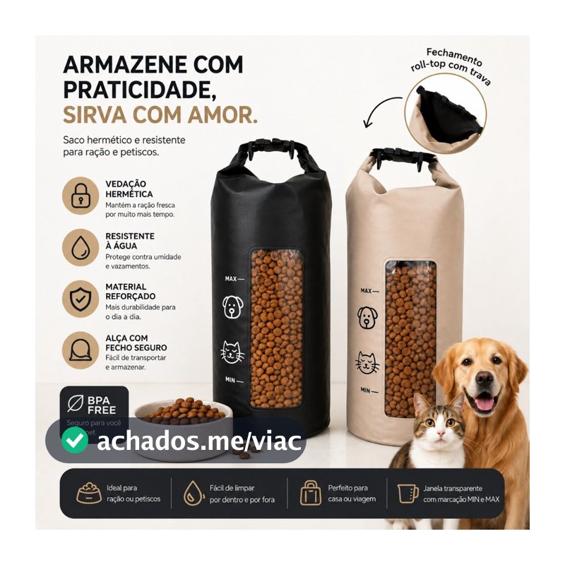 Porta Ração Bolsa 3 até 13kg Impermeável Organizadora Vedação Total Cães e Gatos