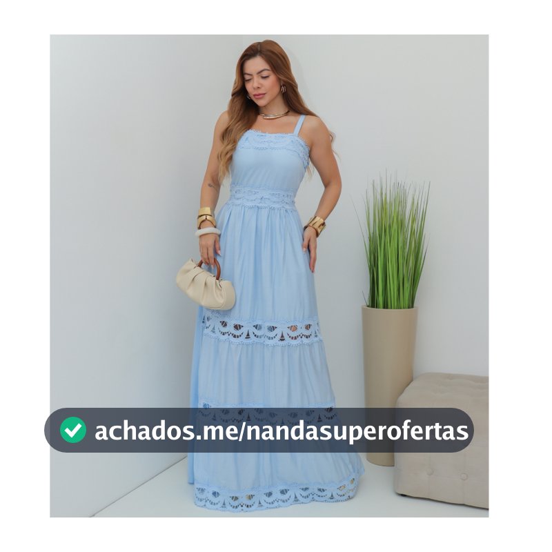 Vestido Longo Feminino de Alça com Renda Guipir Cintura Marcada Elegante Verão SD4207