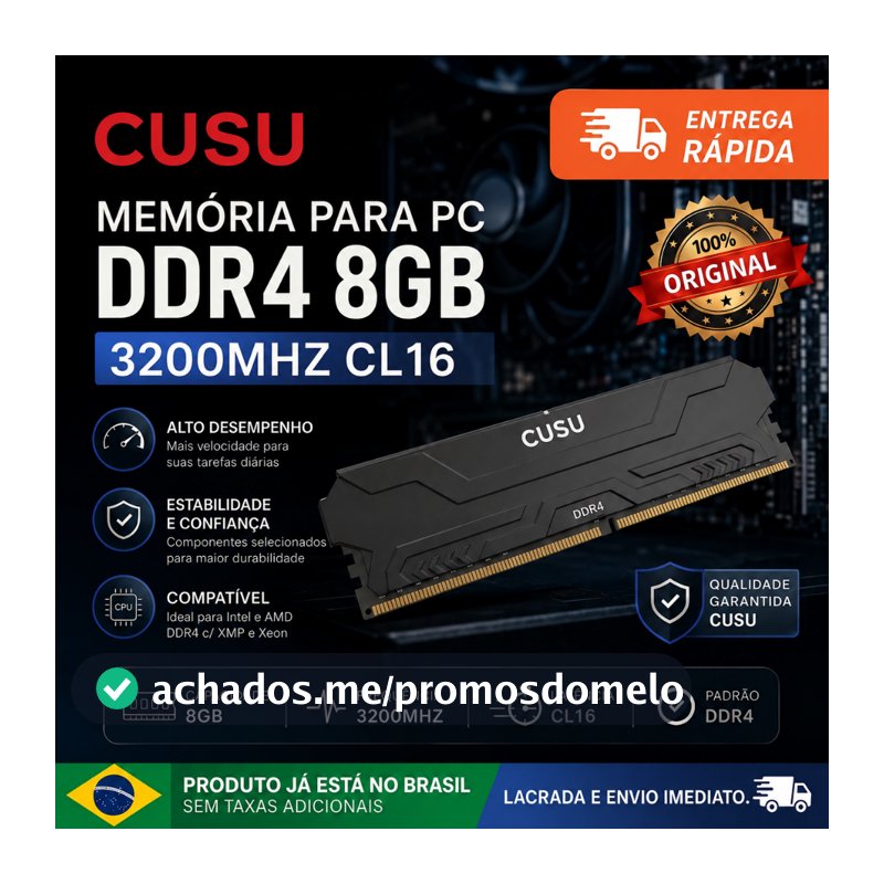 Memória RAM CUSU 16GB (2x8) DDR4 CL16 3200MHz - Alta Performance - Original, Lacrado. Envio Imediato