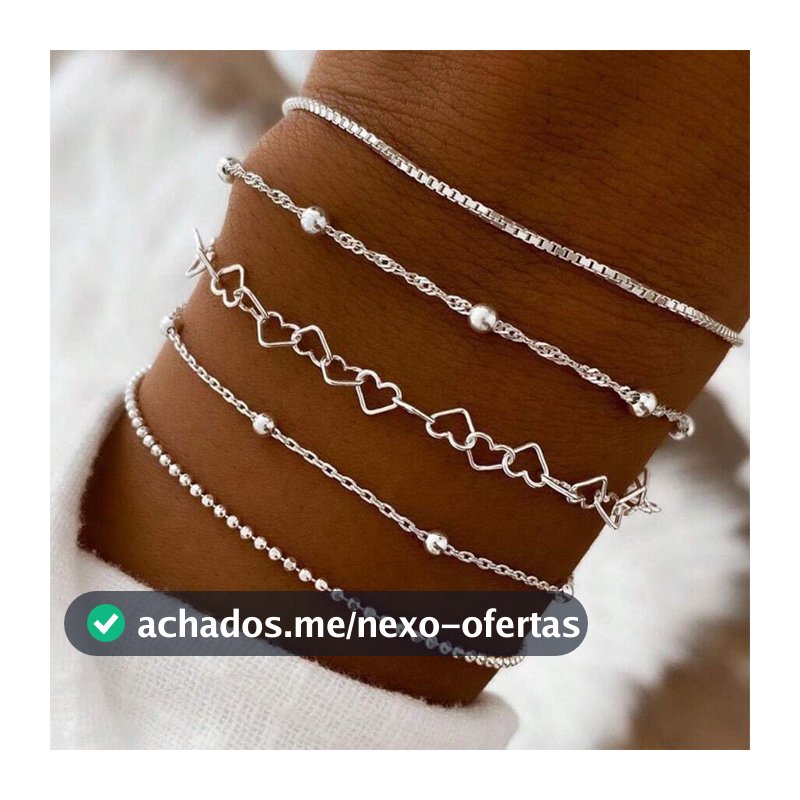 Conjunto Kit 5 Pulseiras Femininas Coração Veneziana Corrente Ajustável Tornozeleiras Bracelete Camadas