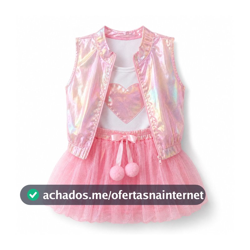 Conjunto Infantil Feminino Holográfico 3 Peças Menina Jaqueta Blusa e Short Saia Tule Blogueirinha