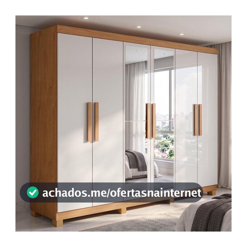 Guarda Roupa Casal 6 Portas Easy Slim com Espelho e Pés Amendoa/Off White