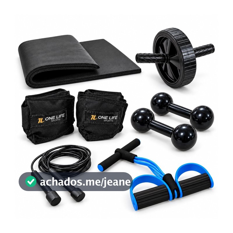 Kit Treino Aeróbico Completo - Caneleira 1kg  Halter 1kg Colchonete Roda Extensor Corda