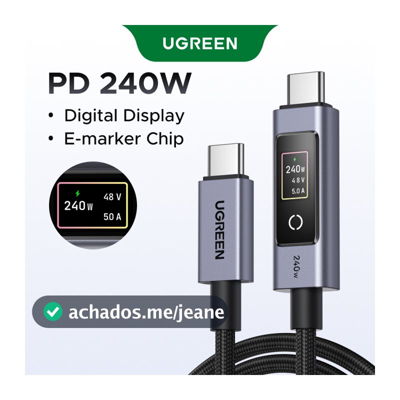 UGREEN 240W Cabo USB C De Carregamento Super Rápido 2M Com Display De Energia Digital Liga De Alumínio Fio Trançado Espa