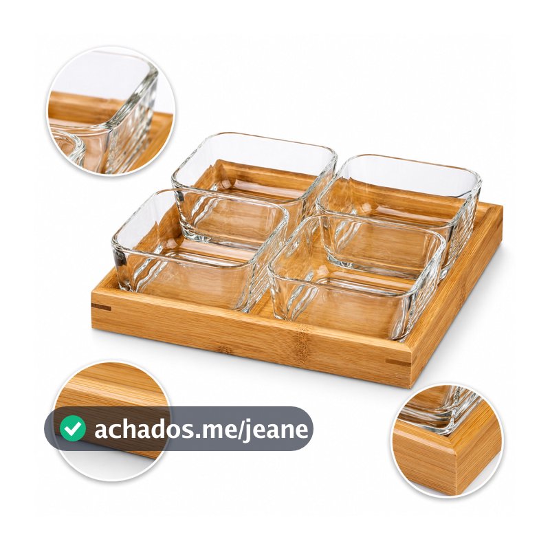 Kit Petisqueira 4 Bowls 290Ml Bandeja Bambu 04 travessas de vidro Aperitivo