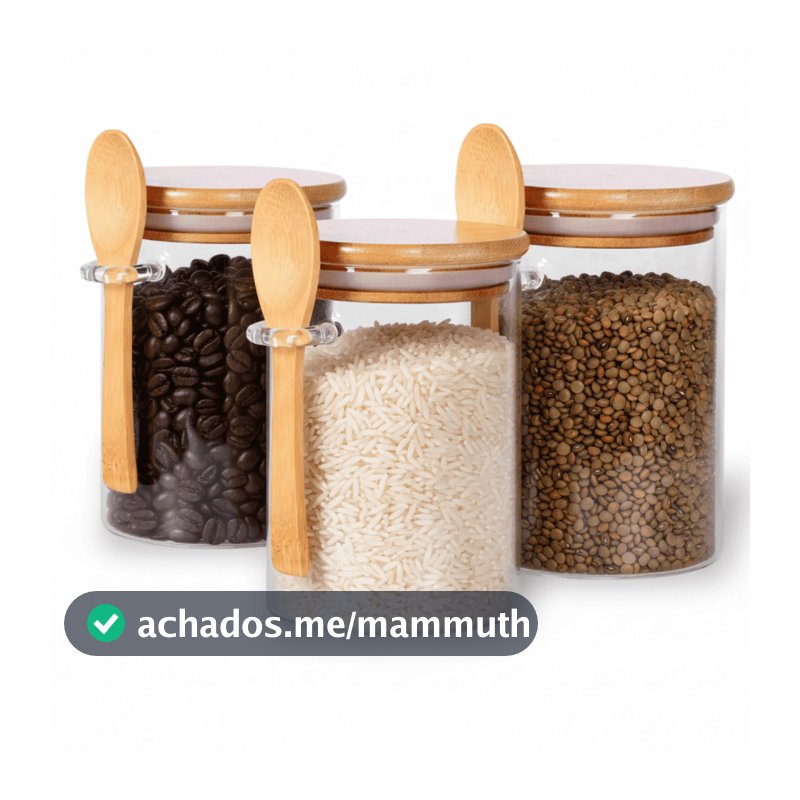 Pote Hermético De Vidro Colher em Bambu 970ml 750ml 550ml Redondo