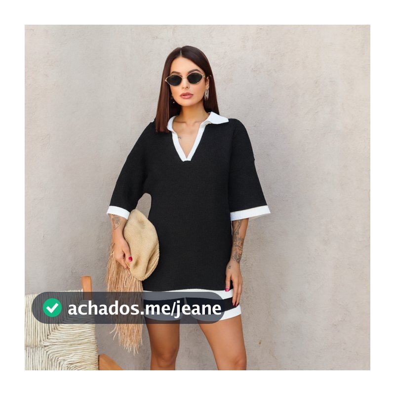 Conjunto Feminino Tricô Premium Gola V | Blusa Gola V + Shorts Verão Elegante