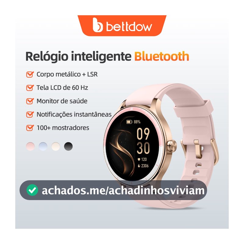 Smartwatch feminino BETTDOW: tela LCD de 1,27 polegadas, resistência à água IP68, caixa de liga metálica, modo esportivo