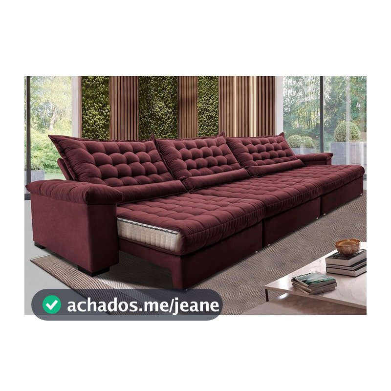 Sofá Retrátil e Reclinável 3,85m Molas Ensacadas Cama inBox Big Space com Bordado 3D Velusoft Vinho