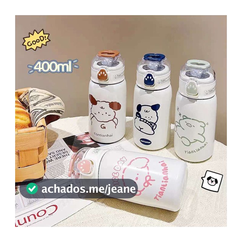 Garrafa Com Canudo Térmica Infantil Estampas Animais Aço Inox 400ml