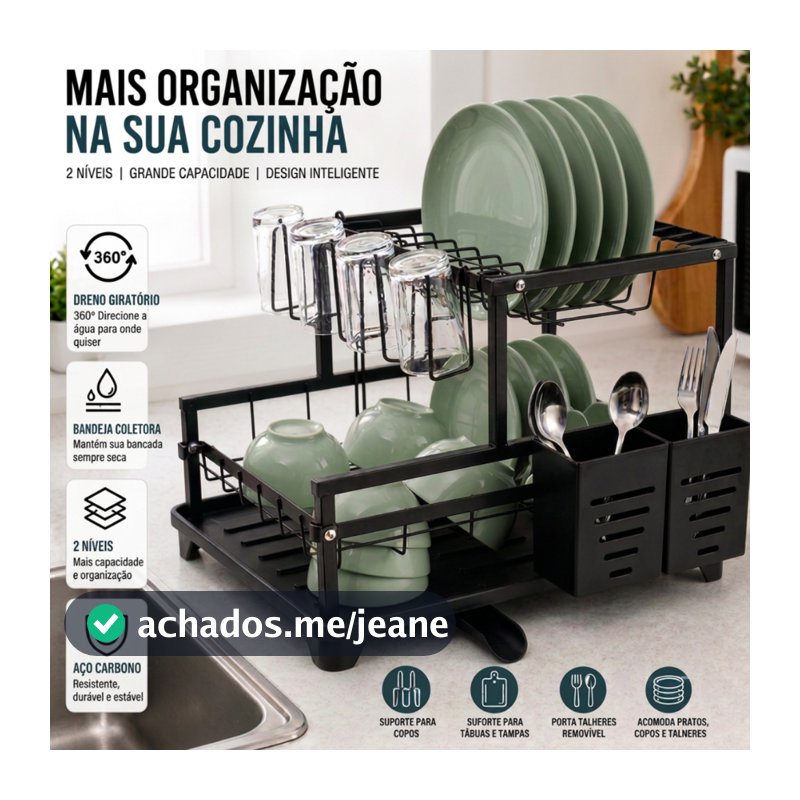 Escorredor de Pratos e Louças Rack Aço Carbono Preto com Bandeja Coletora de Água e Dreno Organizador de Pia Cozinha