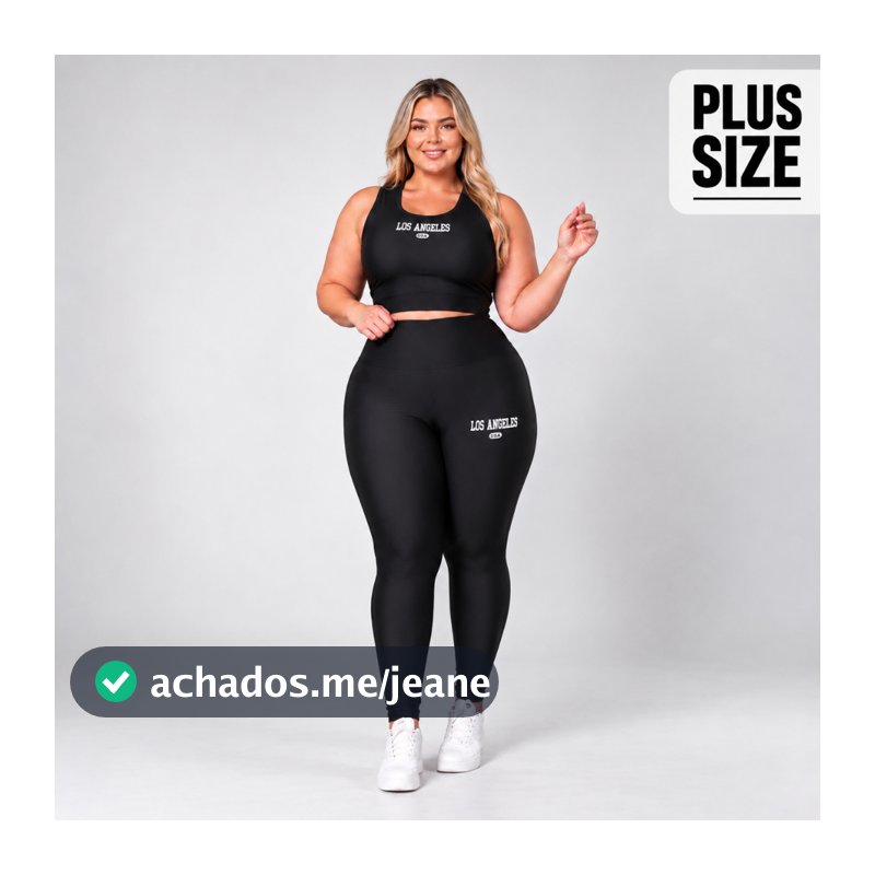 Conjunto Fitness Plus Size Feminino Los Angeles, G1-G4 Legging Cintura Alta +Top Sustentação Zero Transparência Academia