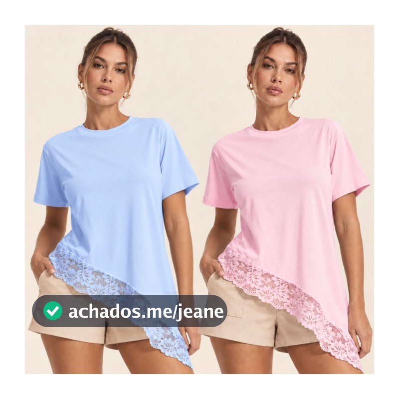KIT 2 T-Shirt Feminina Detalhe Renda Assimétrica Blusa Soltinha Confortável Moda Casual Chic Tendência Oversized Casual