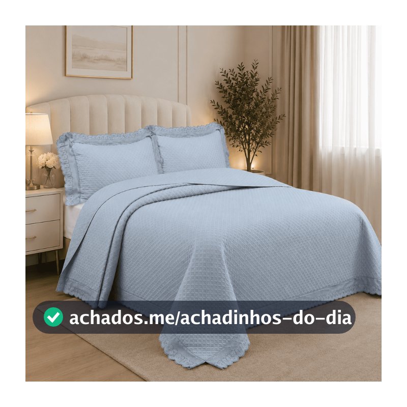 Colcha Cobre Leito Queen 3 peças percal 300 Fios com Bordado Linha Rendas Matelassado
