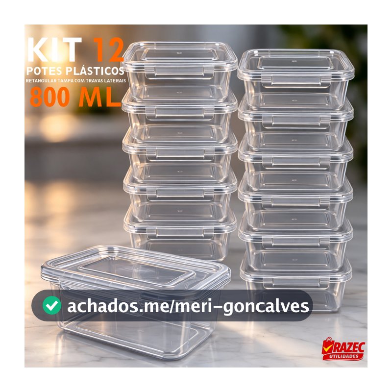 Kit Com 12 potes 800ml Tampa Com Trava Marmita Fitness Lavavel Freezer Microondas Durável BPAFree