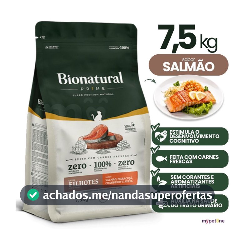 Ração Bionatural Prime para Gatos Filhotes Sabor Salmão 7,5kg Nutrição Completa