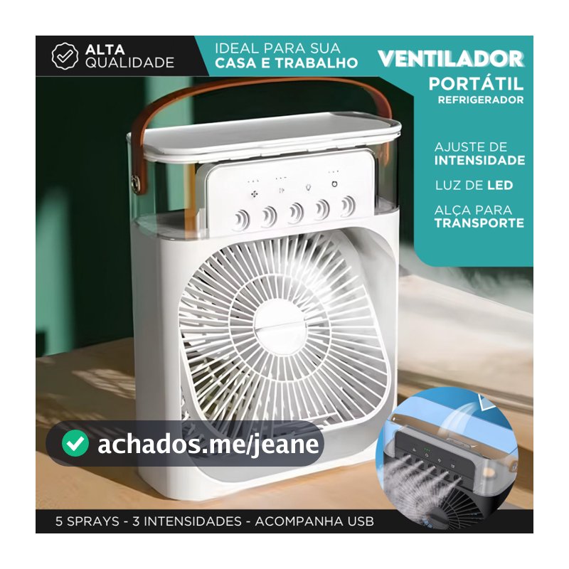 Mini Ar Condicionado USB com LED – Ventilador Portátil Com Alça | Resfria, Umidifica e Ilumina | Mz