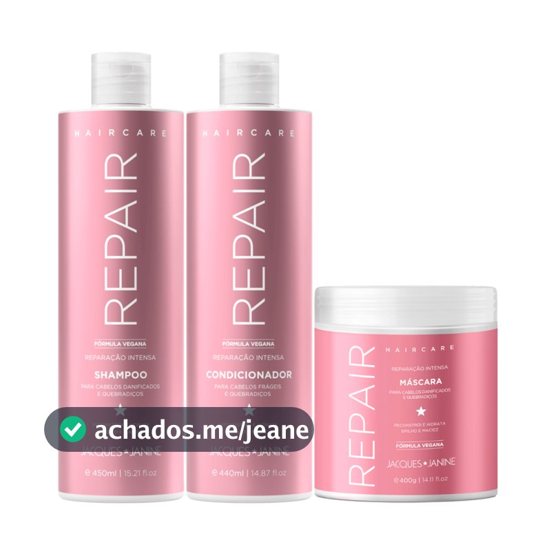Kit Jacques Janine Hair Care Repair Shampoo 450ml Condicionador 440ml Máscara Reconstrução 400g