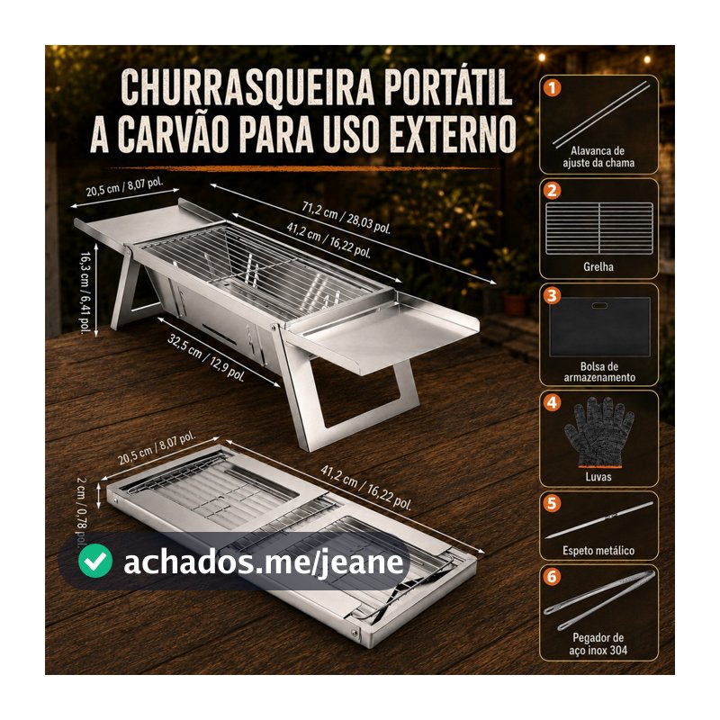 Churrasqueira Portátil Dobrável Inox 304 Carvão - 71x21x16.5cm E Pinça Para Picnic, Quintal, Terraço E Camping