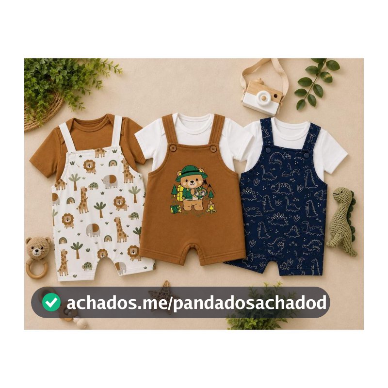 KIT 3 CONJUNTOS JARDINEIRAS BEBE MANGA CURTA ESTAMPADAS SORTIDAS VERÃO