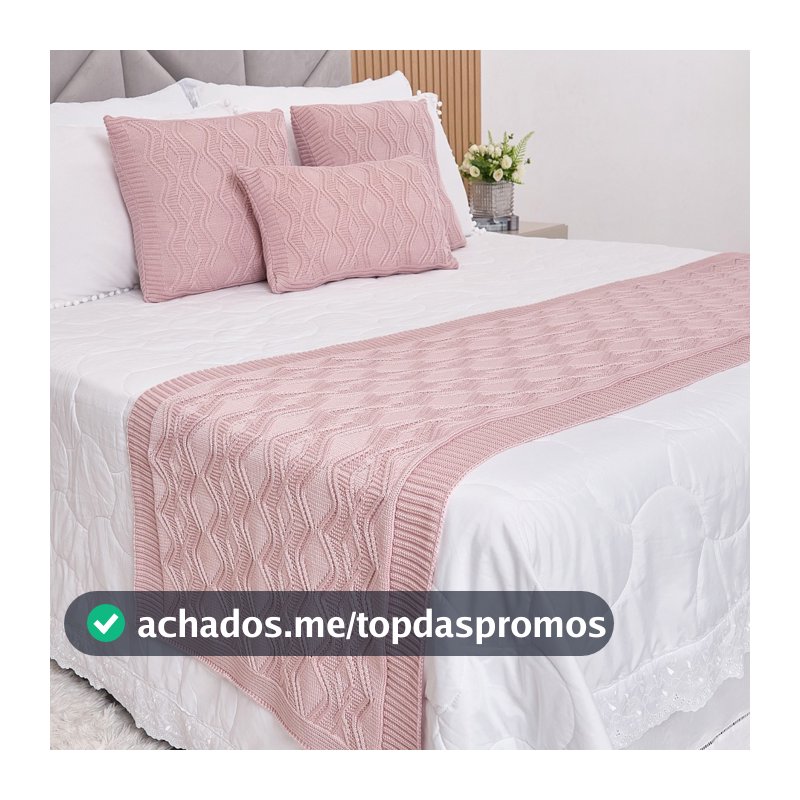 Kit Peseira Manta Tricot Cama Casal Queen King Aran + 3 Capas Almofadas