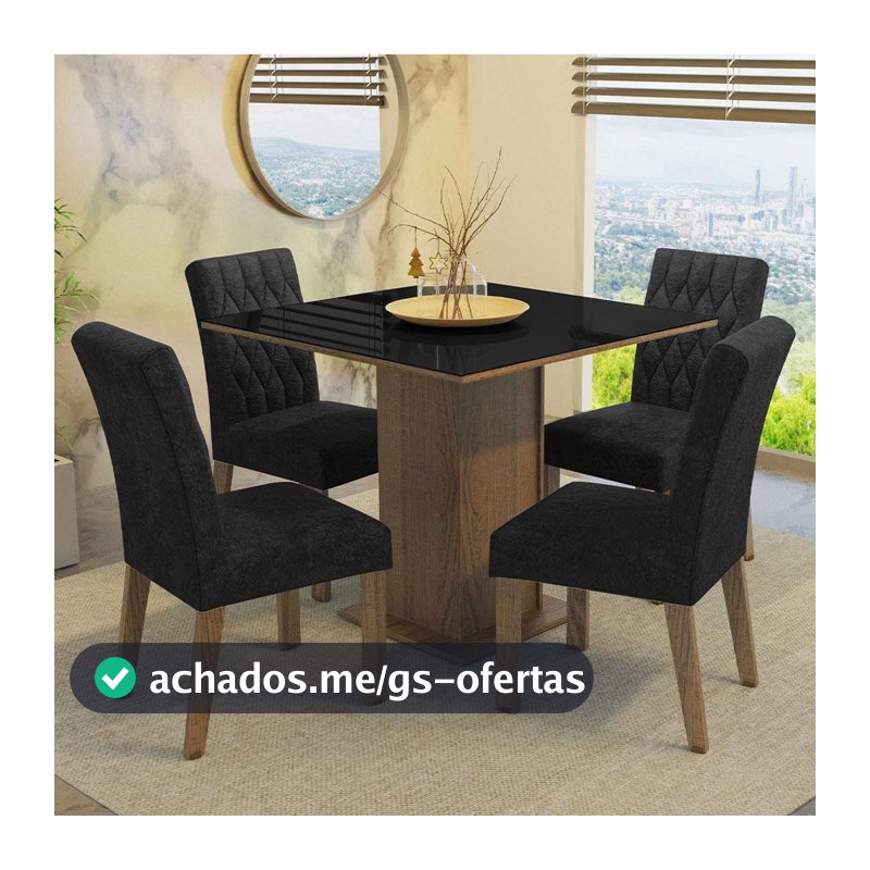 Conjunto Sala de Jantar Mesa Tampo de Vidro 4 Cadeiras Rustic/Preto/Oxford Anaju Madesa