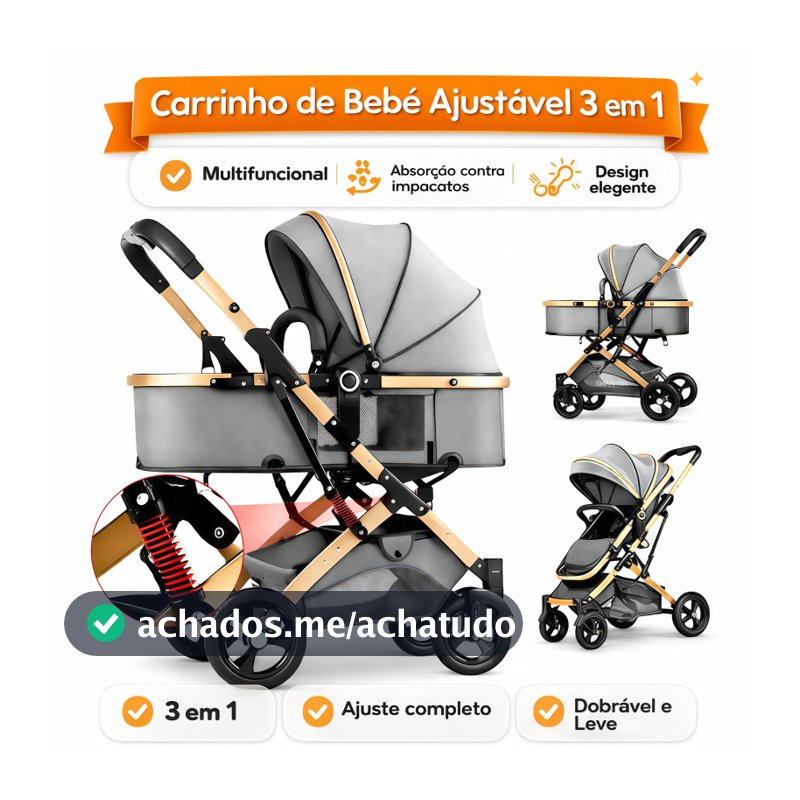 Carrinho de Bebê 3 em 1 Reversível Dobrável com Amortecedor Base Veicular Luxo Europeu