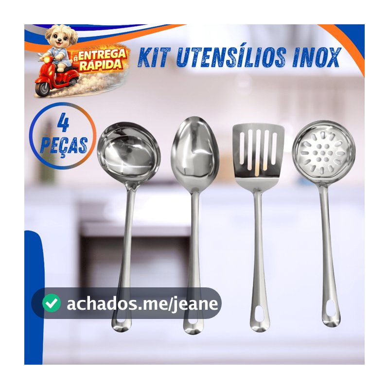 Kit Utensílios Inox Cozinha 4 Peças Concha Colher Arroz Escumadeira Espátula Vazada Profissional Top