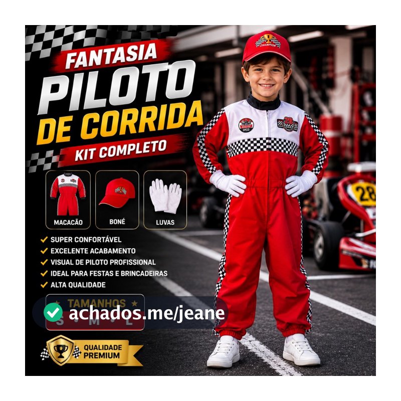 Fantasia Piloto de Corrida Infantil Completa Macacão Boné Luvas Cosplay Festa Tamanhos P ao G