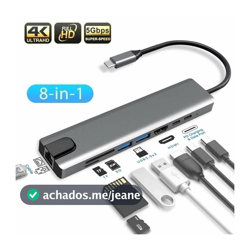 Hub USB-C 8 em 1 HDMI 4K RJ45 USB 3.0 SD TF PD 100W Adaptador Notebook MacBook Celular