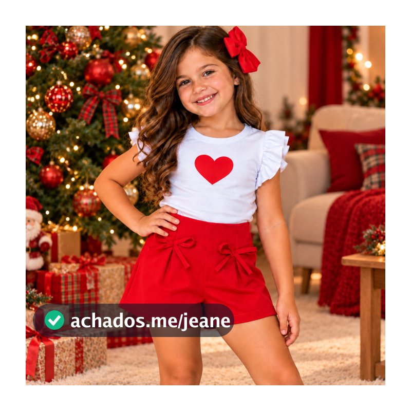 Conjunto Infantil Menina Short Laço e Blusa Natal Vermelho Alfaiataria Babado Moda Praia Verão