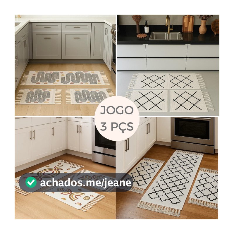 Kit 3 Tapetes Desenhos Cozinha Algodão Geométrico Moderno com Passadeira e Tapetes Laterais Top