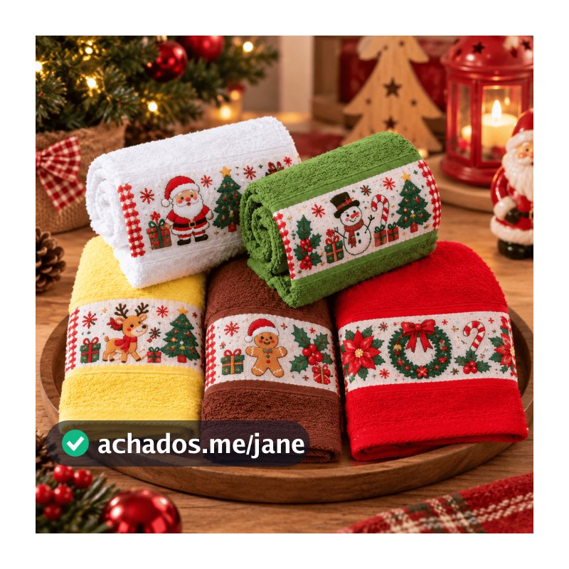 Kit 5 Toalha Lavabo Decoração Natal Natalina 100% Algodão 26x47cm