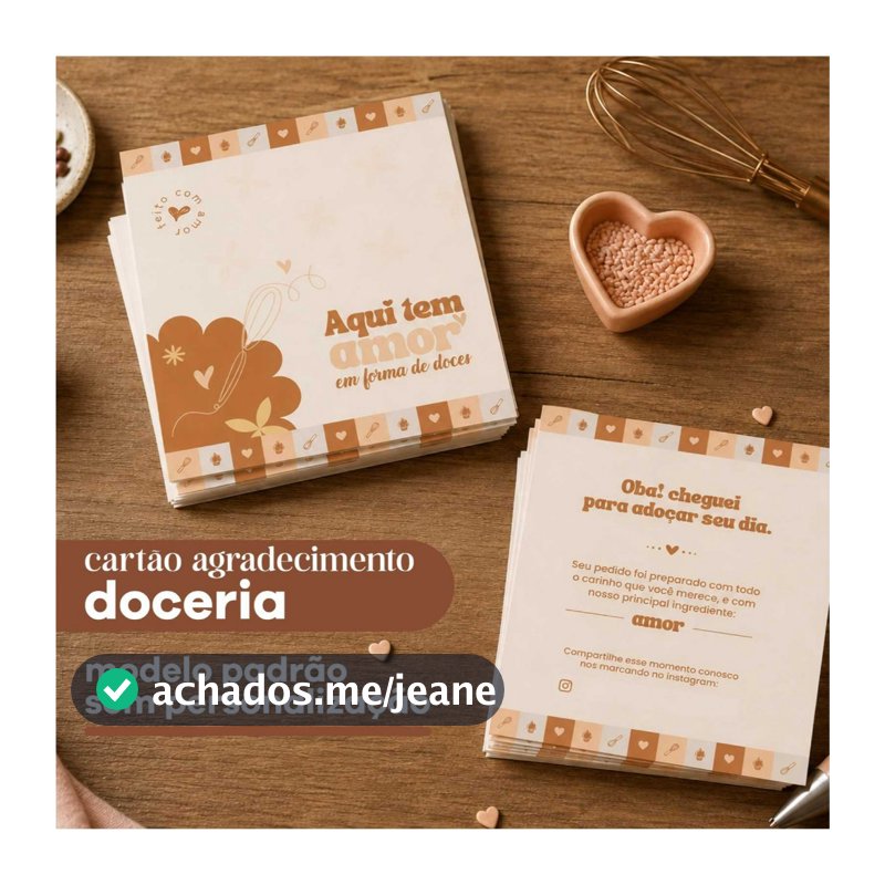 Cartão de Agradecimento Padrão Doceria - Frente e verso - 50, 100 ou 200 unidades